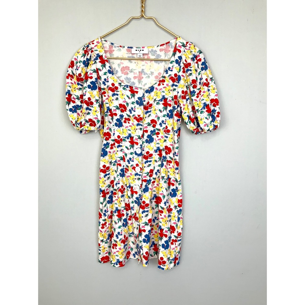 RIXO Target Sz 0 Floral Button Front Linen Blend Puff Sleeve Colorful Dress